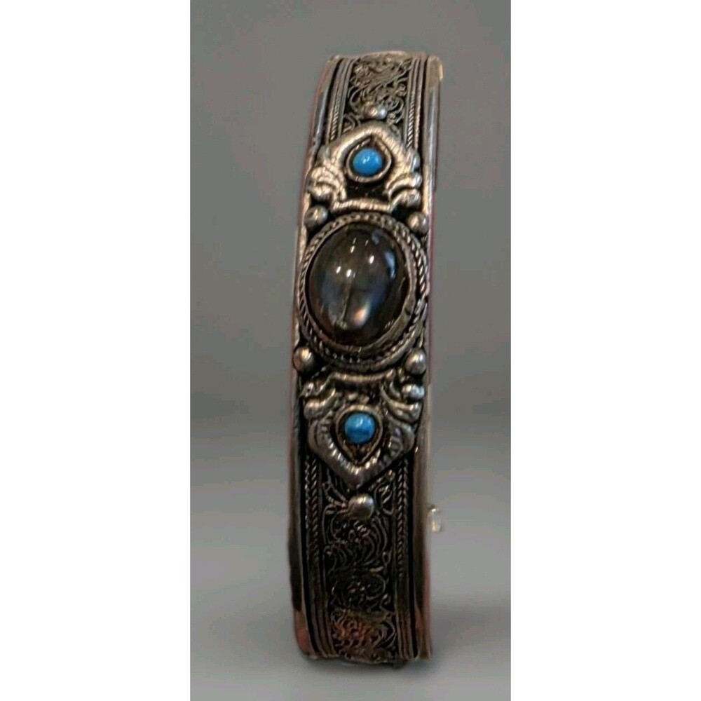Vntg Tibetan Nepal Cuff Bracelet Labradorite Turquoise Filigree Silver Tone Boho